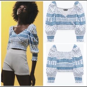Zara Blue and White Patterned Crop Top